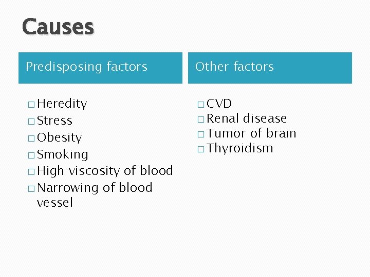 Causes Predisposing factors Other factors � Heredity � CVD � Stress � Obesity �