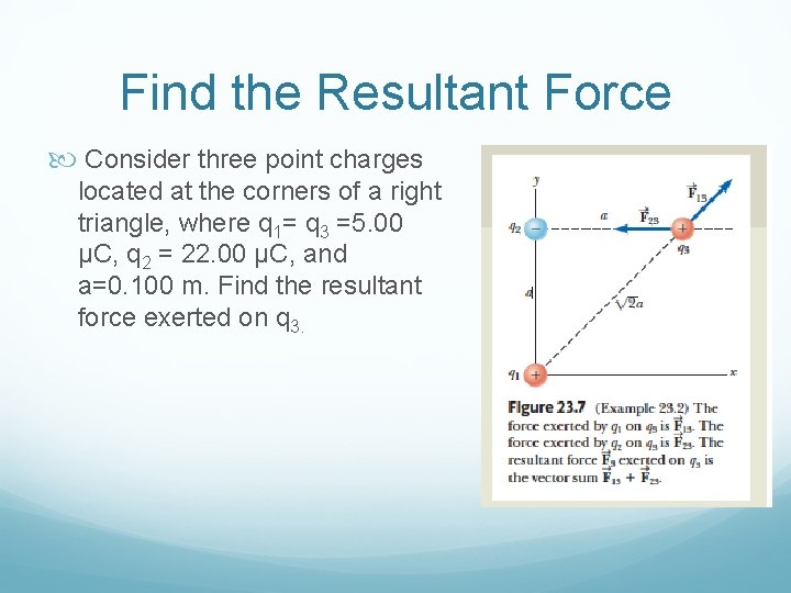Find the Resultant Force Consider three point charges located at the corners of a