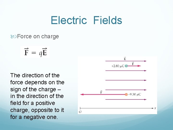 Electric Fields Force on charge The direction of the force depends on the sign