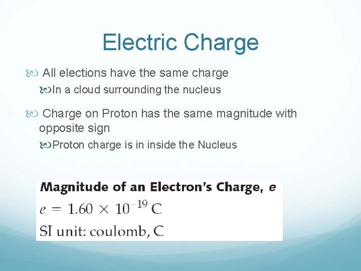 Electric Charge All elections have the same charge In a cloud surrounding the nucleus