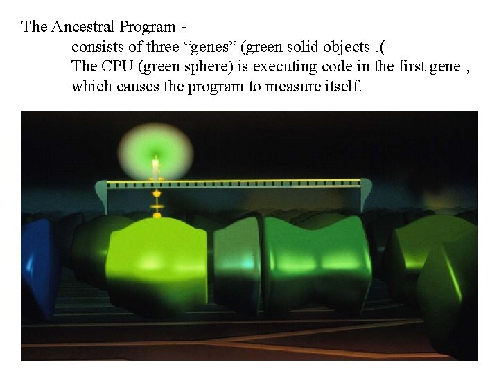 The Ancestral Program consists of three “genes” (green solid objects. ( The CPU (green