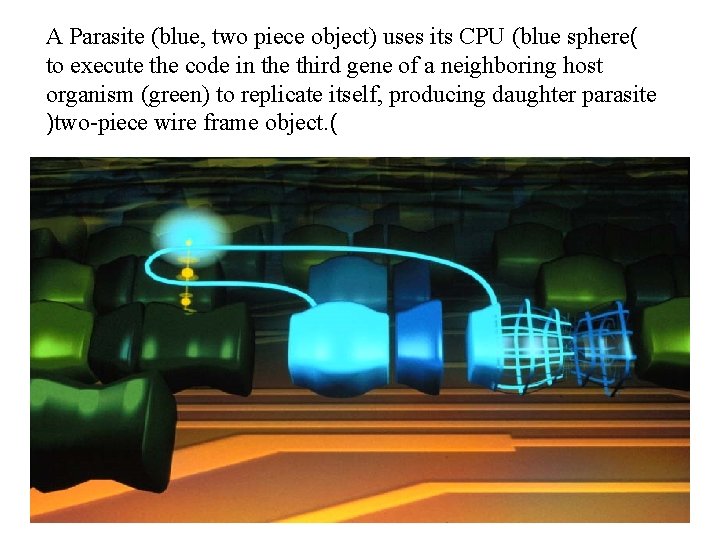 A Parasite (blue, two piece object) uses its CPU (blue sphere( to execute the
