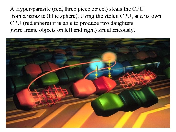 A Hyper-parasite (red, three piece object) steals the CPU from a parasite (blue sphere).