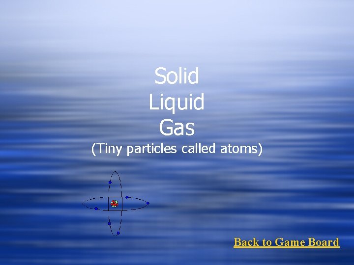 Solid Liquid Gas (Tiny particles called atoms) Back to Game Board 