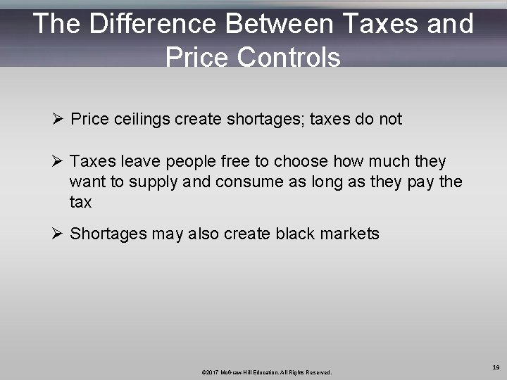 The Difference Between Taxes and Price Controls Ø Price ceilings create shortages; taxes do