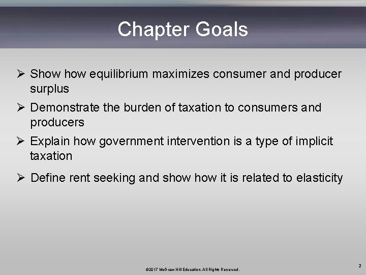 Chapter Goals Ø Show equilibrium maximizes consumer and producer surplus Ø Demonstrate the burden