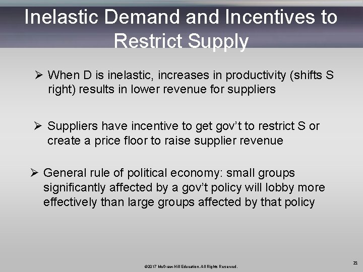 Inelastic Demand Incentives to Restrict Supply Ø When D is inelastic, increases in productivity