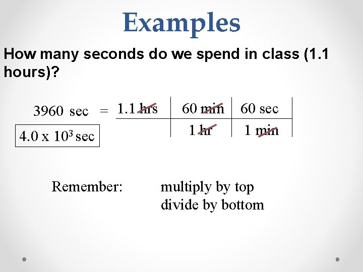 Examples How many seconds do we spend in class (1. 1 hours)? 3960 sec