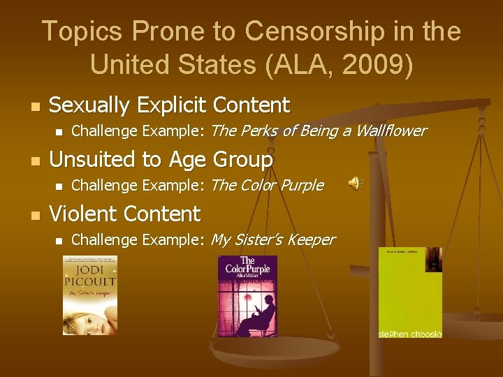 Topics Prone to Censorship in the United States (ALA, 2009) n Sexually Explicit Content