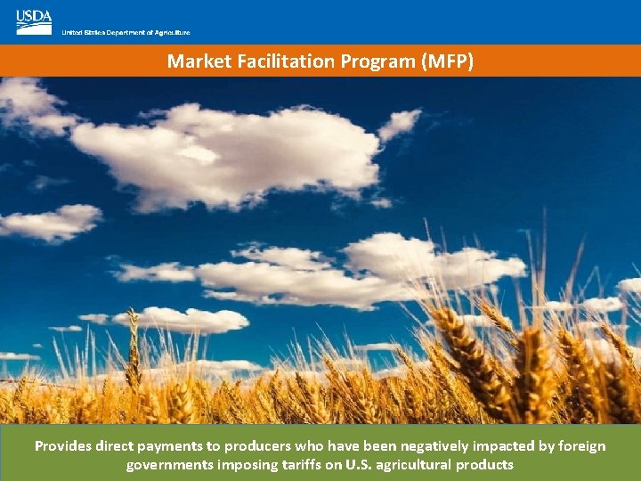Market Facilitation Program (MFP) Provides direct payments to producers who have been negatively impacted