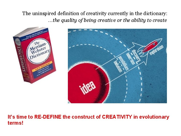 The uninspired definition of creativity currently in the dictionary: …the quality of being creative