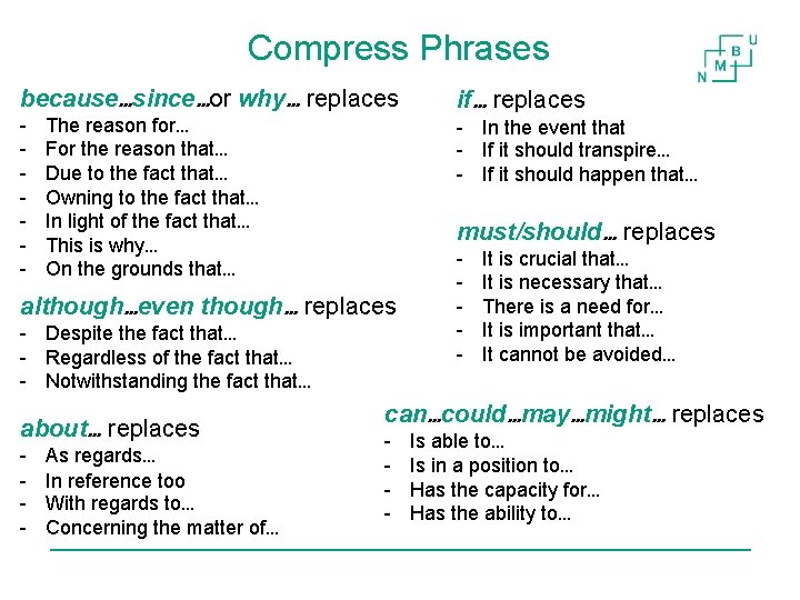 Compress Phrases because…since…or why… replaces - The reason for… For the reason that… Due