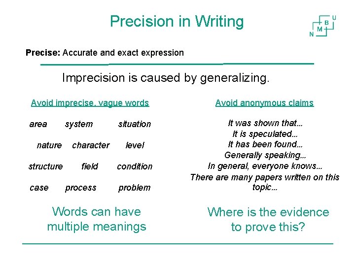 Precision in Writing Precise: Accurate and exact expression Imprecision is caused by generalizing. Avoid