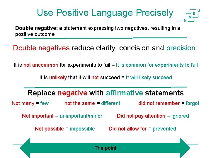 Use Positive Language Precisely Double negative: a statement expressing two negatives, resulting in a