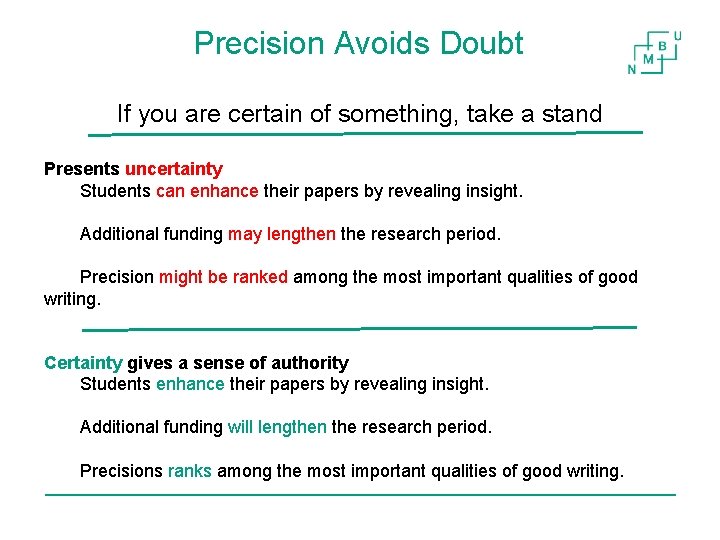 Precision Avoids Doubt If you are certain of something, take a stand Presents uncertainty