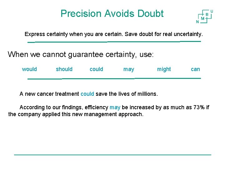 Precision Avoids Doubt Express certainty when you are certain. Save doubt for real uncertainty.