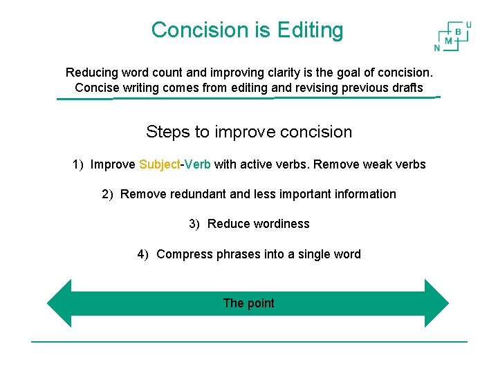 Concision is Editing Reducing word count and improving clarity is the goal of concision.