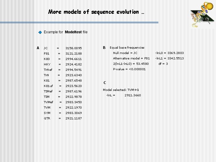 More models of sequence evolution … Example for Modeltest file A JC = 3158.
