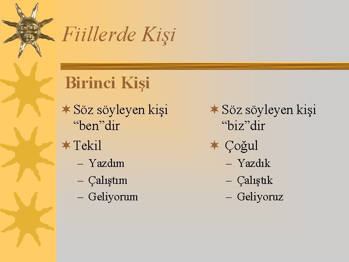 Fiillerde Kişi Birinci Kişi ¬ Söz söyleyen kişi “ben”dir ¬ Tekil – Yazdım –