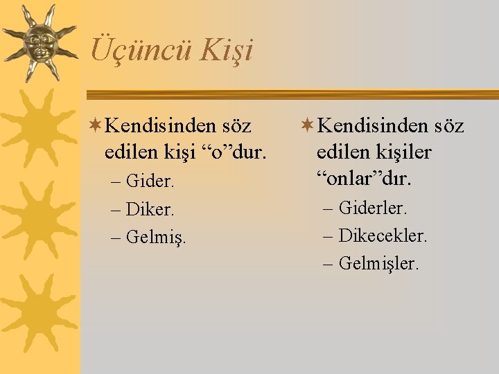 Üçüncü Kişi ¬Kendisinden söz edilen kişi “o”dur. – Gider. – Diker. – Gelmiş. ¬Kendisinden