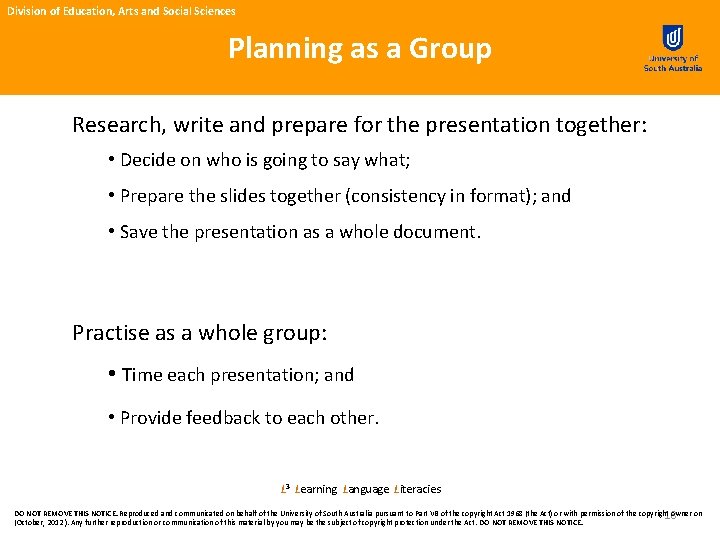 Division of Education, Arts and Social Sciences Planning as a Group Research, write and