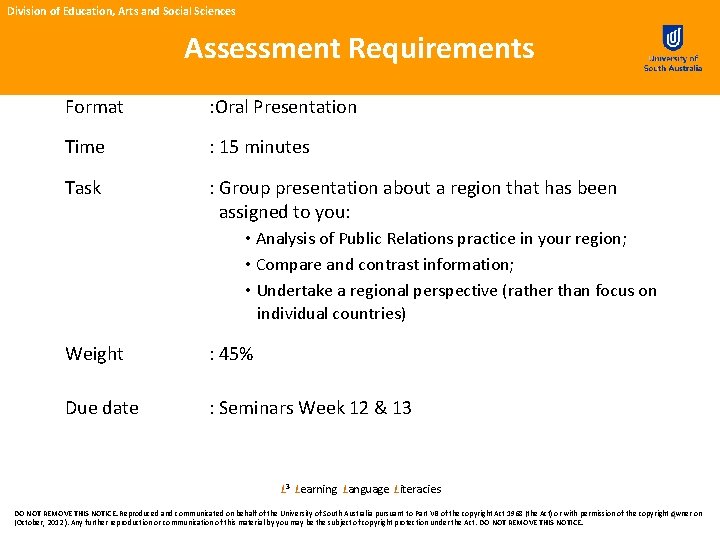 Division of Education, Arts and Social Sciences Assessment Requirements Format : Oral Presentation Time