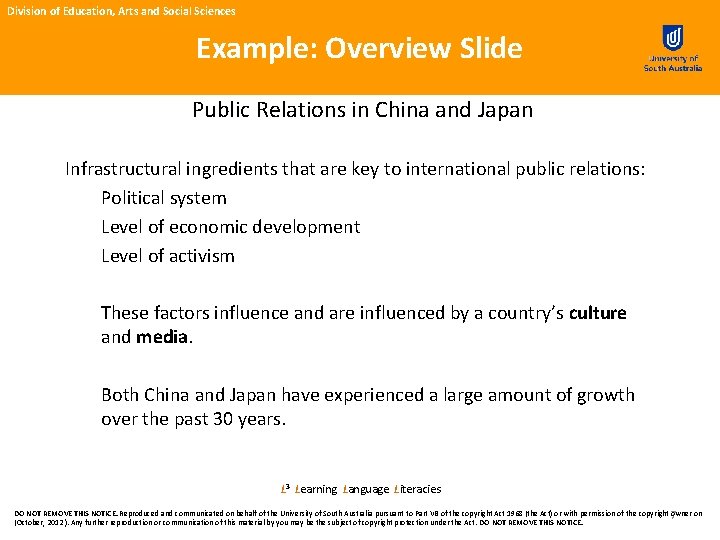 Division of Education, Arts and Social Sciences Example: Overview Slide Public Relations in China