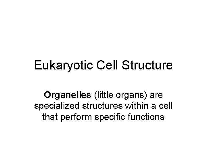 Eukaryotic Cell Structure Organelles (little organs) are specialized structures within a cell that perform