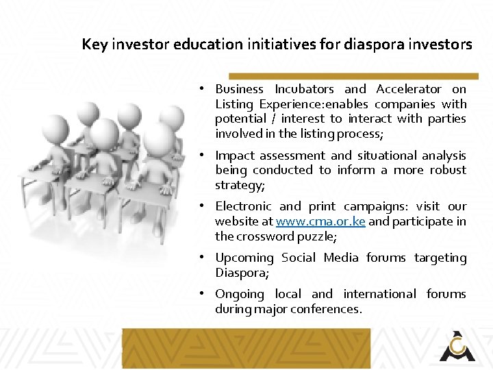 Key investor education initiatives for diaspora investors • Business Incubators and Accelerator on Listing