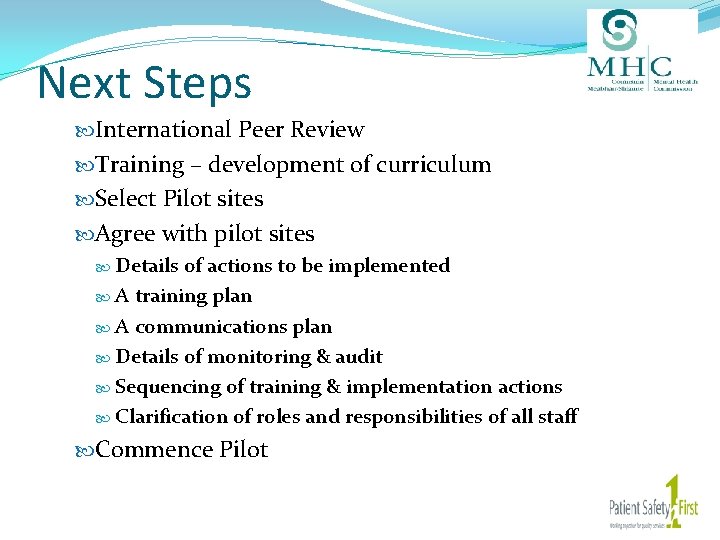 Next Steps International Peer Review Training – development of curriculum Select Pilot sites Agree
