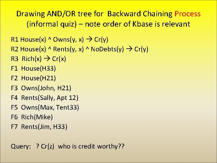 Drawing AND/OR tree for Backward Chaining Process (informal quiz) – note order of Kbase