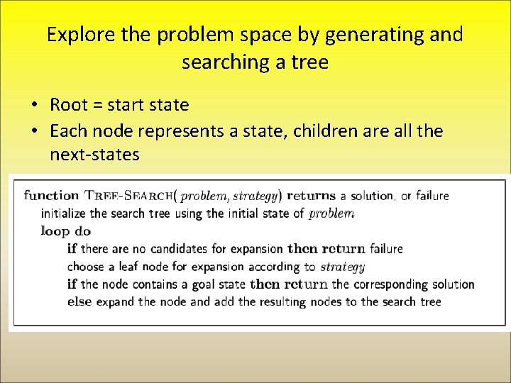 Explore the problem space by generating and searching a tree • Root = start