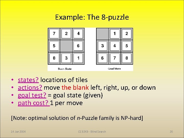 Example: The 8 -puzzle • • states? locations of tiles actions? move the blank