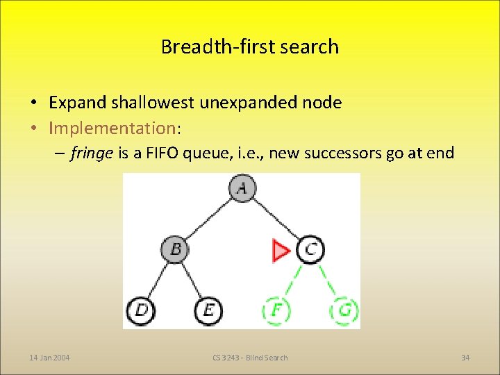 Breadth-first search • Expand shallowest unexpanded node • Implementation: – fringe is a FIFO