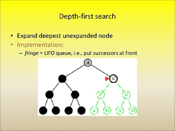 Depth-first search • Expand deepest unexpanded node • Implementation: – fringe = LIFO queue,