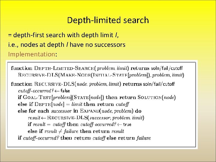 Depth-limited search = depth-first search with depth limit l, i. e. , nodes at