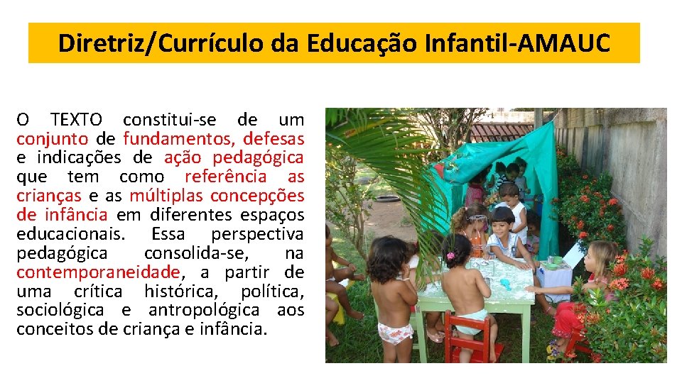 Diretriz/Currículo da Educação Infantil-AMAUC O TEXTO constitui-se de um conjunto de fundamentos, defesas e