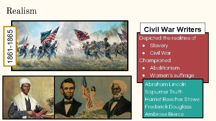 1861 -1865 Realism Civil War Writers Depicted the realities of ● Slavery ● Civil