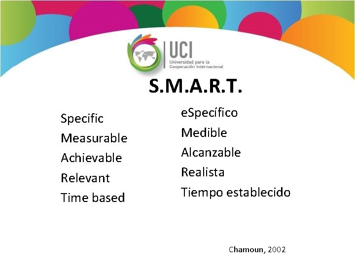 S. M. A. R. T. Specific Measurable Achievable Relevant Time based e. Specífico Medible