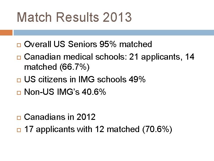 Match Results 2013 Overall US Seniors 95% matched Canadian medical schools: 21 applicants, 14