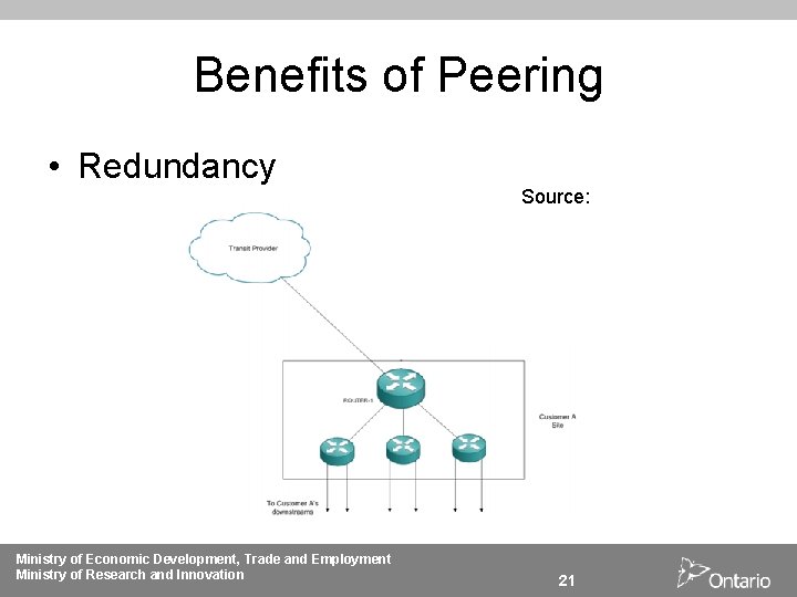 Benefits of Peering • Redundancy Ministry of Economic Development, Trade and Employment Ministry of