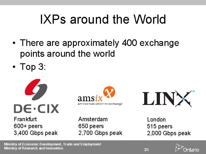 IXPs around the World • There approximately 400 exchange points around the world •