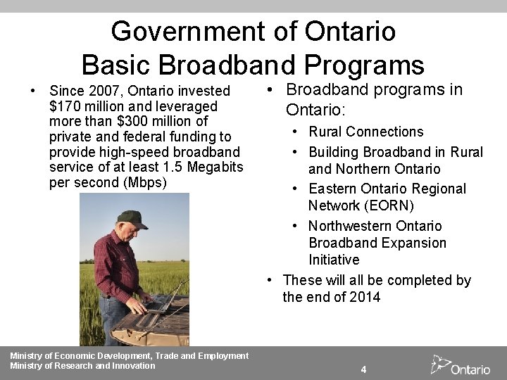 Government of Ontario Basic Broadband Programs • Since 2007, Ontario invested $170 million and