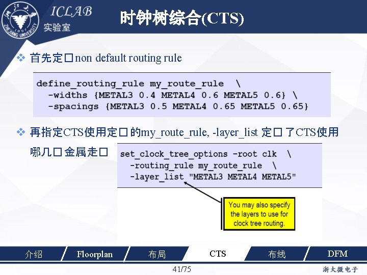 时钟树综合(CTS) 首先定� non default routing rule 再指定CTS使用定� 的my_route_rule, -layer_list 定� 了CTS使用 哪几� 金属走� 介绍