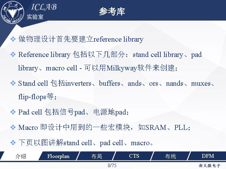参考库 做物理设计首先要建立reference library Reference library 包括以下几部分：stand cell library、pad library、macro cell - 可以用Milkyway软件来创建； Stand cell