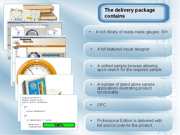 The delivery package contains • A rich library of ready-made gauges: 80+ • A