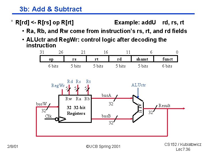 3 b: Add & Subtract ° R[rd] < R[rs] op R[rt] Example: add. U