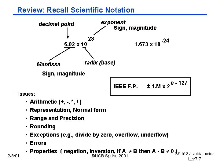 Review: Recall Scientific Notation exponent Sign, magnitude decimal point 6. 02 x 10 Mantissa