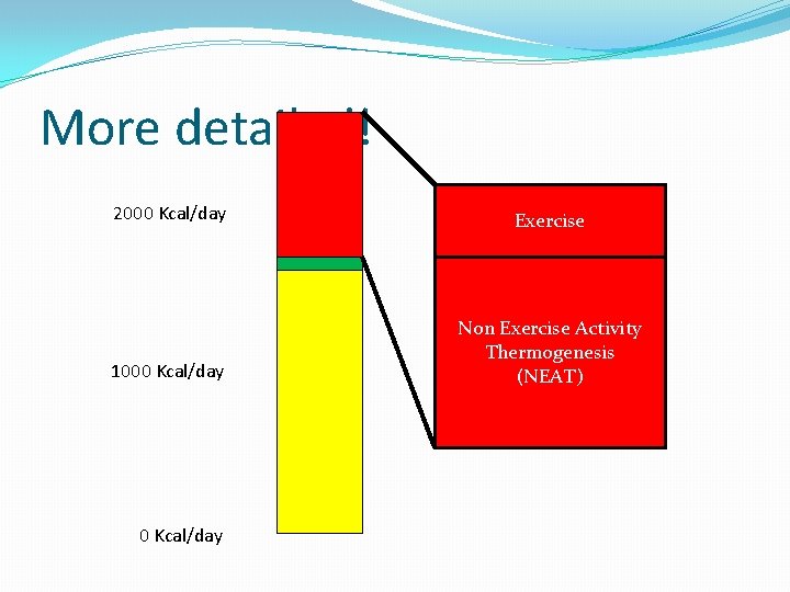 More detailed! 2000 Kcal/day Exercise 1000 Kcal/day Non Exercise Activity Thermogenesis (NEAT) 0 Kcal/day