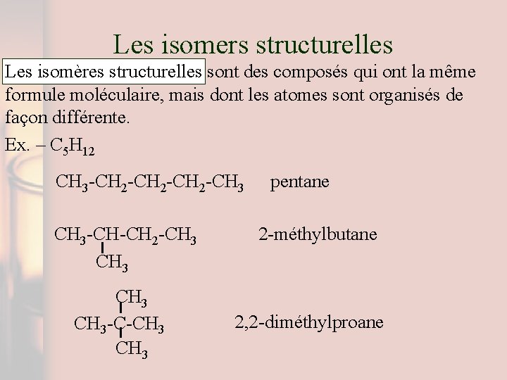 Les isomers structurelles Les isomères structurelles sont des composés qui ont la même formule